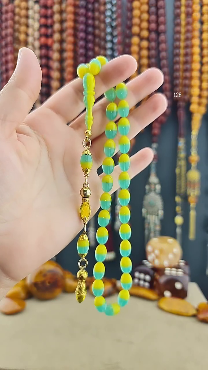 مسبحة كهرمان معجون مضغوط فيروزي-أصفر يدوية الصنع - قطعة واحدة | شرابة فضة عيار 925