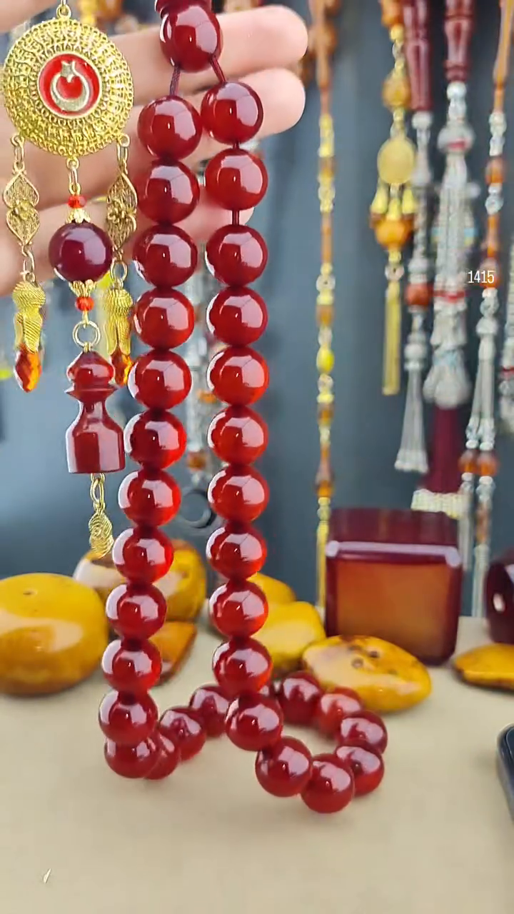 مسبحة كهرمان معجون مضغوط بعروق حلزونية | شرابة فضة عيار 925